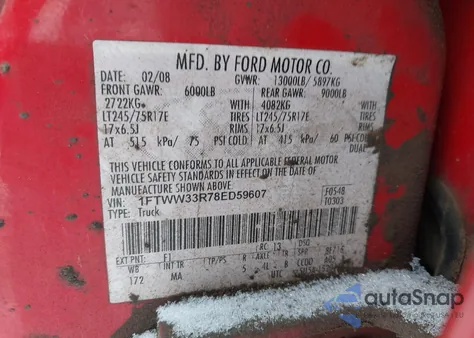 2008 Ford F-350 Fx4/King Ranch/Lariat/Xl/Xlt из США, поврежденный, VIN 1FTWW33R78ED59607